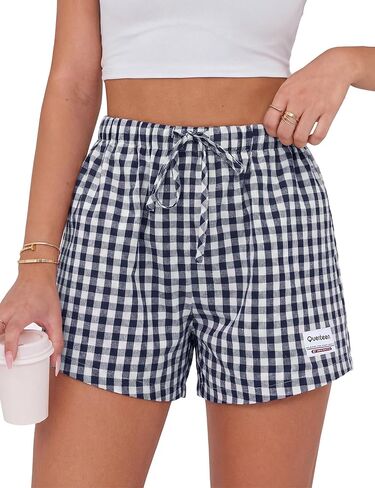Quenteen Women's Boxer Shorts Summer Gingham Striped Drawstring Plaid Lounge Shorts Y2K Beach Bottoms in Saudi Arabia