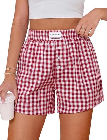 Quenteen Women's Boxer Shorts Summer Gingham Striped Drawstring Plaid Lounge Shorts Y2K Beach Bottoms in Saudi Arabia