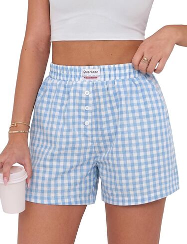 Quenteen Women's Boxer Shorts Summer Gingham Striped Drawstring Plaid Lounge Shorts Y2K Beach Bottoms in Saudi Arabia