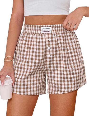 Quenteen Women's Boxer Shorts Summer Gingham Striped Drawstring Plaid Lounge Shorts Y2K Beach Bottoms in Saudi Arabia