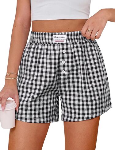 Quenteen Women's Boxer Shorts Summer Gingham Striped Drawstring Plaid Lounge Shorts Y2K Beach Bottoms in Saudi Arabia