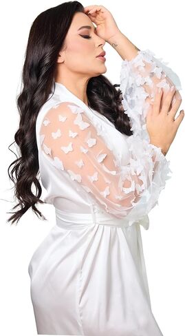 Womens Satin Long Robe Butterfly Mesh Sleeve Bridal Kimono Wedding Dressing Gown in Saudi Arabia