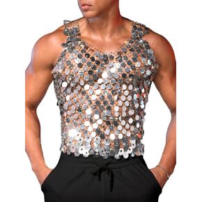 Men's Big Sequin & Rhinestone Mesh Shirt for Rave, Sparkly Reflective Metallic Sexy Tank Top (Fits Chest 30-46") in Saudi Arabia
