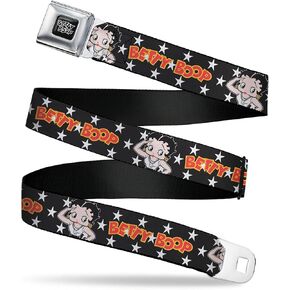 Fleischer Studios, Inc. Belt, Seatbelt Buckle Belt, Betty Boop Salute Pose and Text Stars Black White Yellow Red, Adjustable in Saudi Arabia