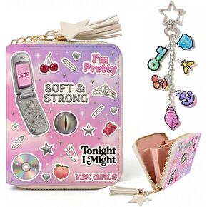 محفظة Y2K Pop صغيرة بسحاب مع سلسلة مفاتيح، محفظة عملات معدنية برسومات البوب ​​مستوحاة من Y2K مع شرابة للبطاقات والنقود والعملات المعدنية in Kuwait