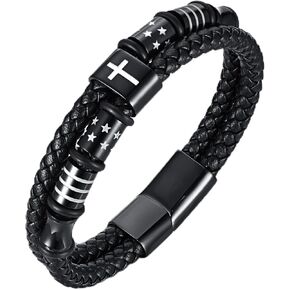 سوار رجالي من الجلد الطبيعي المضفر بالخرز، سوار من الأحجار الكريمة السوداء العقيق العقيق مسبحة مسبحة سبج، الإيمان الديني لعيد الفصح الكاثوليكي المسيحي المعمودية هدية مجوهرات عيد الميلاد للرجال in Kuwait