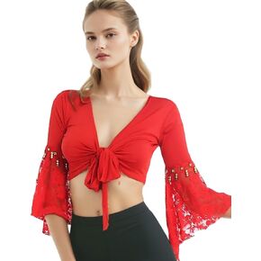 Women's Belly Dance Shawl Crop Tops Lace Patchwork Tied up Cardigan Dancewear Costume in Kuwait