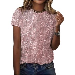 Women's Sparkly Sequin Tops Short Sleeve Glitter Glitter Dressy Blouses Crew Neck Club Concert Party Disco Shirts in Saudi Arabia