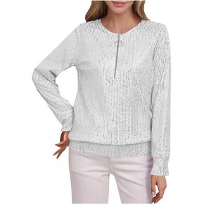 قطع علوية نسائية مطرزة بالترتر قمصان ليلية أنيقة للحفلات المسائية سباركلي 1/4 بسحاب بياقة دائرية بلوفر للربيع والخريف والشتاء زي سيون in Kuwait