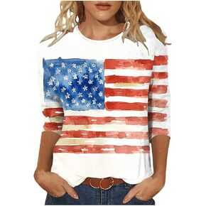 Striped Stars Tshirts for Womens Summer 3/4 Sleeve Blouse Red White and Blue Patriotic Tee 4th of July Tops Plus Size in Saudi Arabia