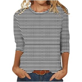 Womens Striped Heart Eyelet Tops 3/4 Length Sleeve Shirts Spring Summer Fashion Casual Elegant Tshirt Trendy Blouse in Saudi Arabia