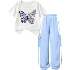 Girls 2 Piece Outfits Kids Short Sleeve T-Shirt Top Cargo Pants Sweatsuit Tracksuit Jogger Sweatpants Sets 4-13Y in Kuwait