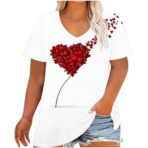 Heart Print Shirts for Women Plus Size V Neck Tops for Curvy Women Couple Valentine Holiday Dating Going Out Clothe in Saudi Arabia