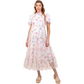 PinkBlush Floral Mesh Ruffle Tiered Maternity Midi Dress in Saudi Arabia
