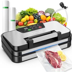 95kPa Vacuum Sealer Machine, Powerful Double Pump 10-in-1 Food Sealing System with Double Heat Seal, Built-in Cutter & Bag Storage, Easy-Lock Handle, Hose, 2 Bag Rolls, Durable Stainless Steel Design in Kuwait