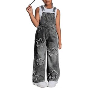 Girl's Wide Leg Denim Overalls Star Patchwork Adjustable Straps Baggy Jean Jumpsuits in Saudi Arabia