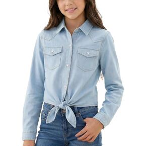 Spring&Gege Girls Denim Western Pearl Snap Shirt Cowgirl Tie Knot Crop Button Down Shirt Long Sleeve Wrinkle Free Blouse Top in Kuwait