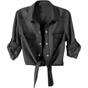 Girls Crop Top Tie Knot Spring Summer Casual Button Down Shirt Roll Up 3/4 Short Sleeve Teen Casual Blouse Outfits in Kuwait