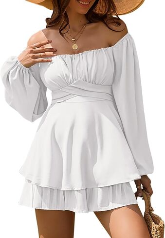 Linsery Women Boho Off Shoulder Romper Floral Print Tie Back Ruffle Hem Chiffon Short Jumpsuit in Kuwait