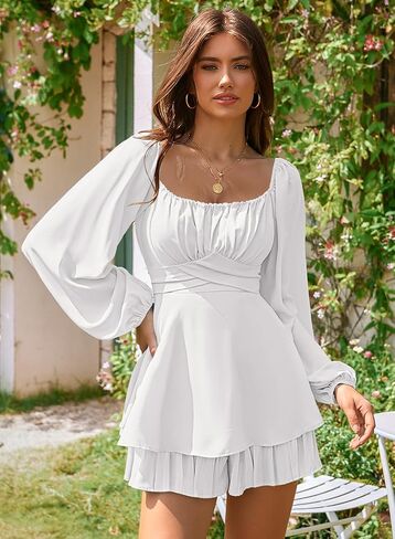 Linsery Women Boho Off Shoulder Romper Floral Print Tie Back Ruffle Hem Chiffon Short Jumpsuit in Kuwait