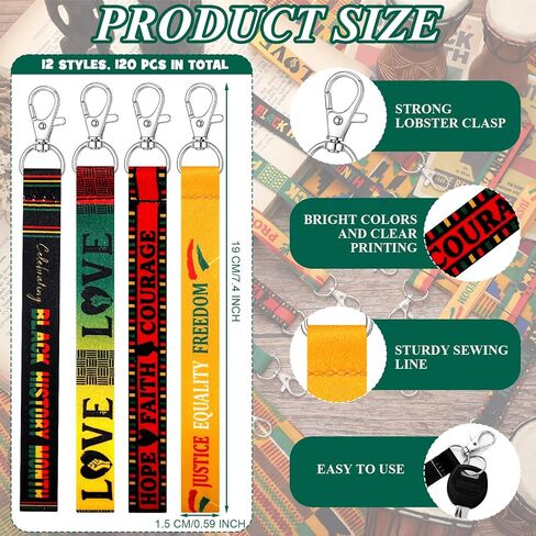 Norme 120 Pcs Black History Month Lanyard Keychains Gifts Bulk Key Chain Gifts for Black History Month Party Supplies Festival Celebration Decoration Goodie Bag Stuffers Fillers in Saudi Arabia