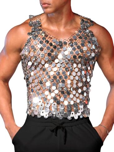 Men's Big Sequin & Rhinestone Mesh Shirt for Rave, Sparkly Reflective Metallic Sexy Tank Top (Fits Chest 30-46") in Saudi Arabia