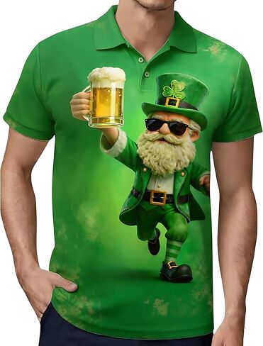 St. Patrick's Day Polo Shirt 3D Print Lucky Shamrock Leprechaun Beer Design Aloha Shirt for Men, Holiday Party and Casual Wear S4 in Saudi Arabia
