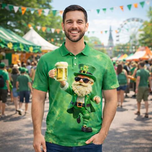 St. Patrick's Day Polo Shirt 3D Print Lucky Shamrock Leprechaun Beer Design Aloha Shirt for Men, Holiday Party and Casual Wear S4 in Saudi Arabia