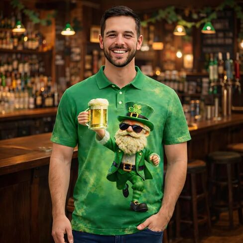 St. Patrick's Day Polo Shirt 3D Print Lucky Shamrock Leprechaun Beer Design Aloha Shirt for Men, Holiday Party and Casual Wear S4 in Saudi Arabia