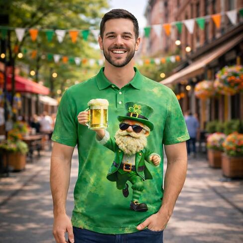 St. Patrick's Day Polo Shirt 3D Print Lucky Shamrock Leprechaun Beer Design Aloha Shirt for Men, Holiday Party and Casual Wear S4 in Saudi Arabia