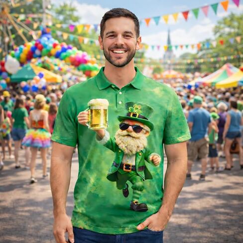 St. Patrick's Day Polo Shirt 3D Print Lucky Shamrock Leprechaun Beer Design Aloha Shirt for Men, Holiday Party and Casual Wear S4 in Saudi Arabia