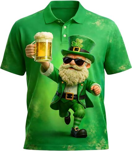 St. Patrick's Day Polo Shirt Lucky Shamrock Leprechaun Beer Print 3D Design Green Irish T-Shirt for Men Short Sleeve Casual Holiday Party Shirt S1 in Saudi Arabia