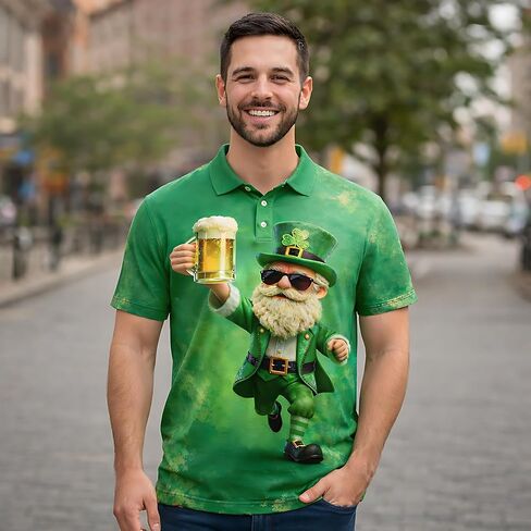 St. Patrick's Day Polo Shirt Lucky Shamrock Leprechaun Beer Print 3D Design Green Irish T-Shirt for Men Short Sleeve Casual Holiday Party Shirt S1 in Saudi Arabia