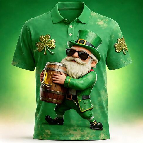St. Patrick's Day Polo Shirt Lucky Shamrock Leprechaun Beer Print 3D Design Green Irish T-Shirt for Men Short Sleeve Casual Holiday Party Shirt S1 in Saudi Arabia