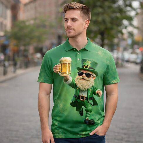 St. Patrick's Day Polo Shirt Lucky Shamrock Leprechaun Beer Print 3D Design Green Irish T-Shirt for Men Short Sleeve Casual Holiday Party Shirt S1 in Saudi Arabia