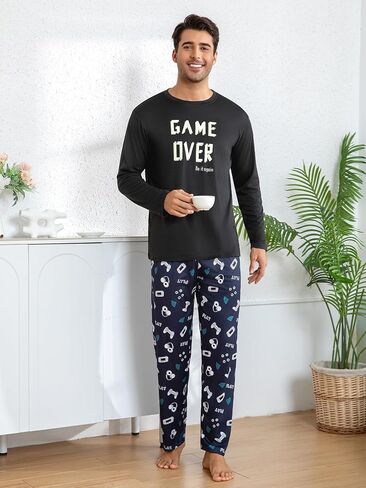 طقم بيجامة رجالي أسود طويل الأكمام بنطال منقوش بطباعة GAME OVER ملابس مريحة للمنزل in Saudi Arabia