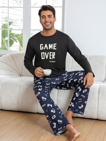 طقم بيجامة رجالي أسود طويل الأكمام بنطال منقوش بطباعة GAME OVER ملابس مريحة للمنزل in Saudi Arabia