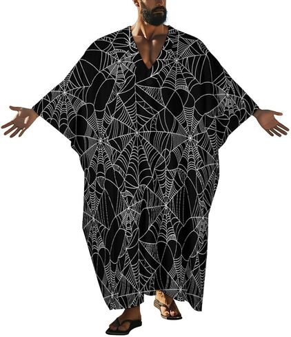 Halloween Spider Black Spiderweb Pattern Men's V-neck Robe Middle East Arabian Robe Butterfly Sleeves Kaftan in Kuwait