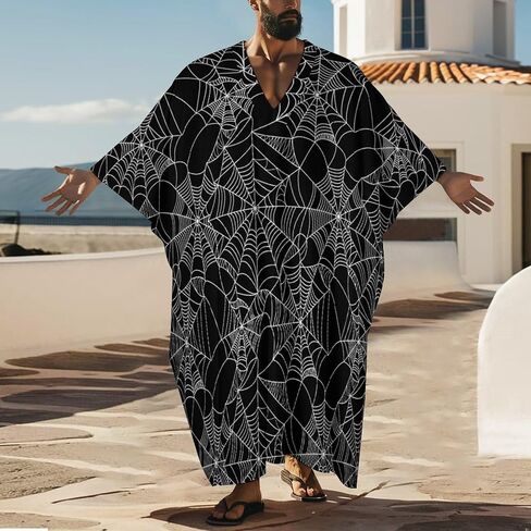 Halloween Spider Black Spiderweb Pattern Men's V-neck Robe Middle East Arabian Robe Butterfly Sleeves Kaftan in Kuwait