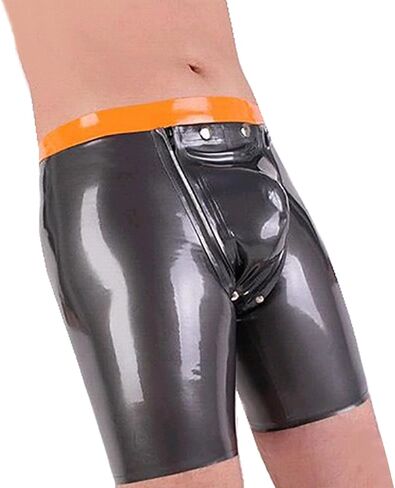 IOKUKI Latex Boxer Briefs for Men,Metallic Gray Latex Rubber Shorts with Crotch Removable Panties Handmade in Kuwait