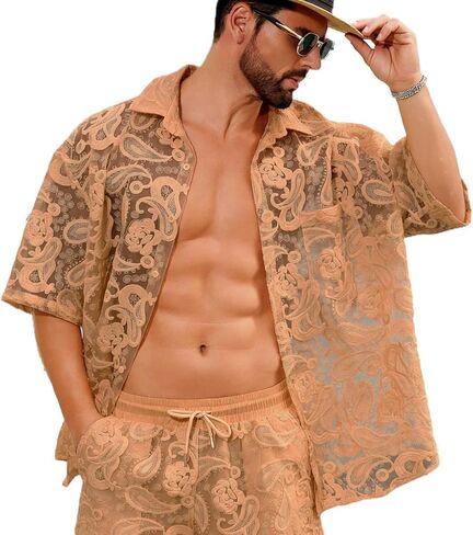 Men’s Lace Outfit Set, See-Through Button Down Shirt and Shorts Two-Piece Beach Vacation Outfit in Saudi Arabia