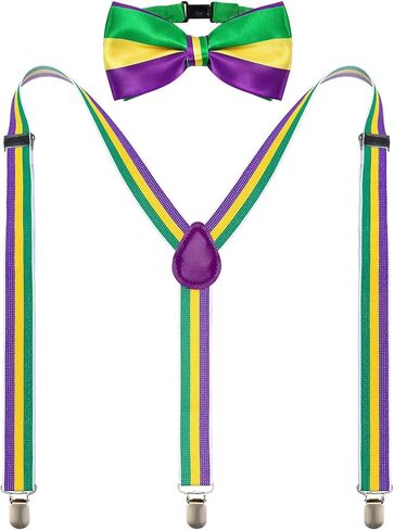 Mardi Gras Suspenders and Bow Tie Set for Men Adults, Green Purple Yellow Striped Costume Party Outfit in Saudi Arabia