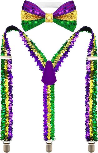 Mardi Gras Suspenders and Bow Tie Set for Men Adults, Green Purple Yellow Striped Costume Party Outfit in Saudi Arabia