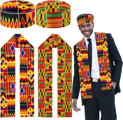 4 Pcs African Kente Kufi Stole and Hat, African Print Scarf Sash with Men Hat Dashiki Cloth Kente Clothing Accessory Turban for Black History Month Celebration Kwanzaa Graduation Choir in Saudi Arabia
