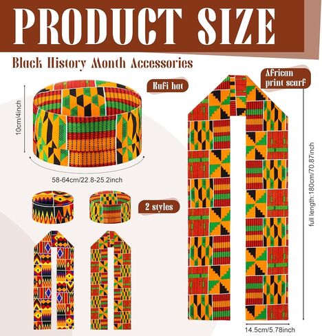 4 Pcs African Kente Kufi Stole and Hat, African Print Scarf Sash with Men Hat Dashiki Cloth Kente Clothing Accessory Turban for Black History Month Celebration Kwanzaa Graduation Choir in Saudi Arabia