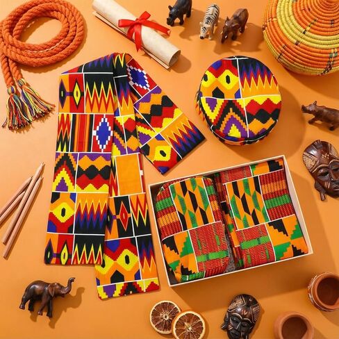 4 Pcs African Kente Kufi Stole and Hat, African Print Scarf Sash with Men Hat Dashiki Cloth Kente Clothing Accessory Turban for Black History Month Celebration Kwanzaa Graduation Choir in Saudi Arabia