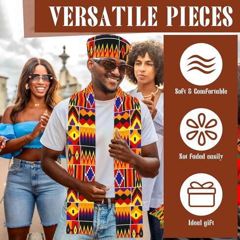 4 Pcs African Kente Kufi Stole and Hat, African Print Scarf Sash with Men Hat Dashiki Cloth Kente Clothing Accessory Turban for Black History Month Celebration Kwanzaa Graduation Choir in Saudi Arabia