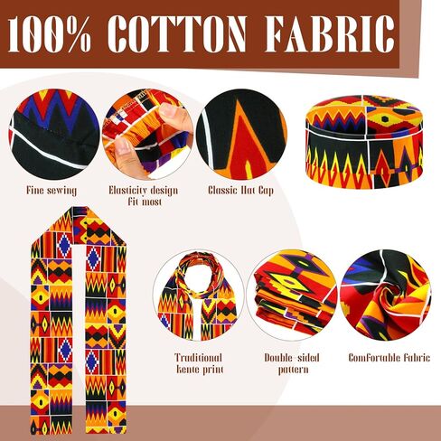 4 Pcs African Kente Kufi Stole and Hat, African Print Scarf Sash with Men Hat Dashiki Cloth Kente Clothing Accessory Turban for Black History Month Celebration Kwanzaa Graduation Choir in Saudi Arabia