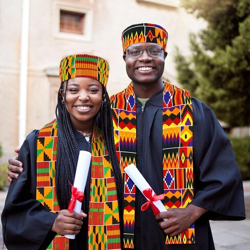 4 Pcs African Kente Kufi Stole and Hat, African Print Scarf Sash with Men Hat Dashiki Cloth Kente Clothing Accessory Turban for Black History Month Celebration Kwanzaa Graduation Choir in Saudi Arabia