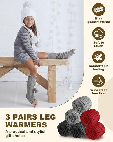 3 Pairs Winter Fleece Lined Leg Warmers for Kids Girls Knitted Long Leg Warmers Cute Boot Socks for Xmas Gift in Saudi Arabia